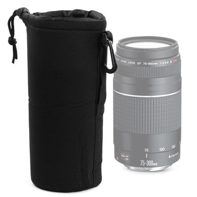 Camera Lens Pouch - 20cm x 10cm (XL) Padded Drawstring Lens Case for Canon, Sony, Nikon Camera / DSLR Lenses - Waterproof Neoprene Travel Lens Protector Storage Bag - Black