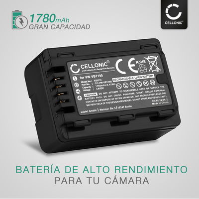 Bateria Panasonic VW-VBT190 VW-VKB180 -VBY100 1780mAh - Batería larga duración para cámaras Panasonic HC-V180 HC-V10 HC-V100 HC-V160 HC-V270 HC-V777 HC-V800 HC-VXF990 HC-VX980 HC-W580 HDC-SD40