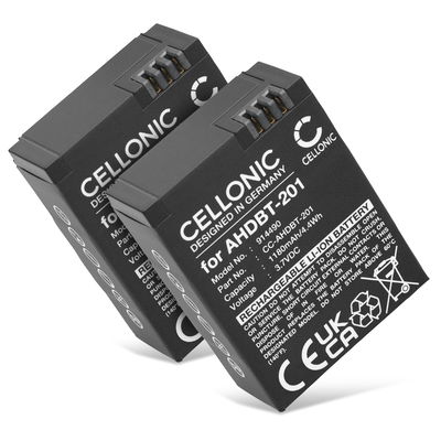 Pack 2x batería GoPro AHDBT-301 / AHDBT-302 / AHDBT-201 1180mAh - 2 baterías ion de litio para cámaras de acción GoPro Hero 3, Hero 3 plus, Hero 3 Black, Hero 3 White, Hero 3 Silver