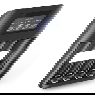 CELLONIC Cargador de pilas recargables AA y AAA USB con 4 compartimentos de carga | Cargador inteligente con pantalla LCD para control de carga y protección anti sobrecargas