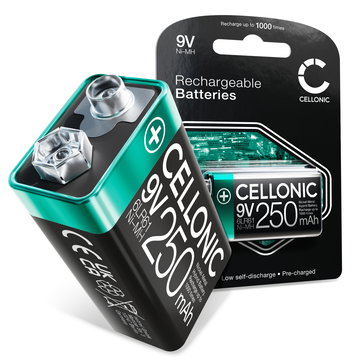 CELLONIC Pila 9V 250mAh recargable - 1x Pila 9V cargada de larga duración 9V / E Block / 6F22 / 6LR61 / AM-61 Pila NiMH de 9V para detectores de humo, micrófonos inalámbricos, juguetes o teléfonos fijos