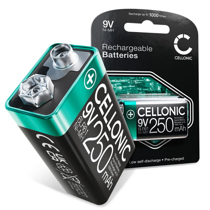 CELLONIC Pila 9V 250mAh recargable - 1x Pila 9V cargada de larga duración 9V / E Block / 6F22 / 6LR61 / AM-61 Pila NiMH de 9V para detectores de humo, micrófonos inalámbricos, juguetes o teléfonos fijos