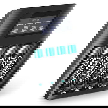 Cargador USB para pilas AA y AAA de CELLONIC con 4 slots de carga | Cargador de pilas + 4 pilas AAA 1000mAh recargables, Smart Charger con pantalla LCD para control de carga