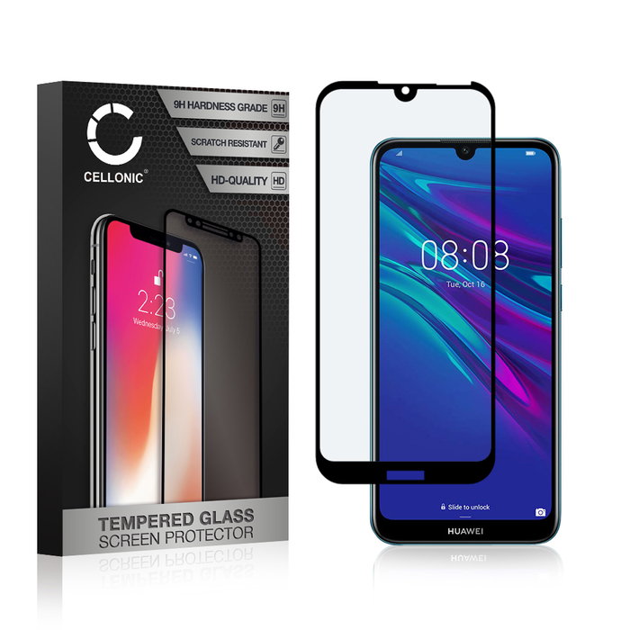 Protector pantalla móvil Huawei Y6 (2019) autoadhesivo de CELLONIC - Screen protector, (Calidad HD / 3D Case-friendly / 0,33mm / 9H)