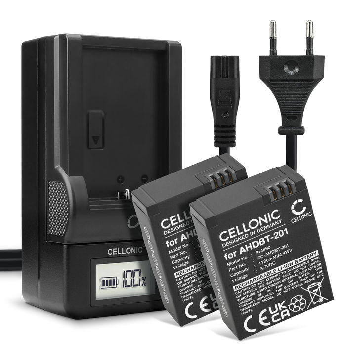 Cargador rápido + Pack 2x batería GoPro AHDBT-301 / AHDBT-302 / AHDBT-201 1180mAh - 2 baterías ion de litio para cámaras de acción GoPro Hero 3, Hero 3 plus, Hero 3 Black, Hero 3 White, Hero 3 Silver