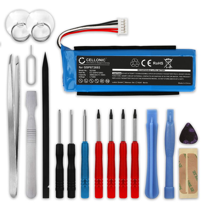 1x Batería para JBL Flip 3 GSP872693 02 (3000mAh, 3.7V) + Juego de herramientas de CELLONIC