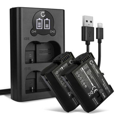 2x Batería EN-EL15 + Cargador Doble para Nikon D850 D750 1 V1 D7500 D7200 D800 D810 de CELLONIC