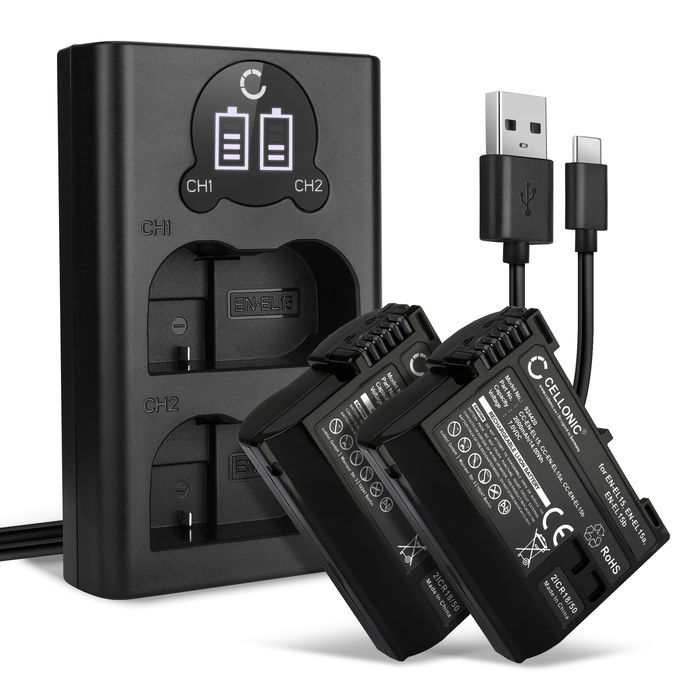 2x Camera Battery + Dual Charger for Nikon D500 Replacement EN-EL15b EN-EL15a EN-EL15 Battery 2000mAh