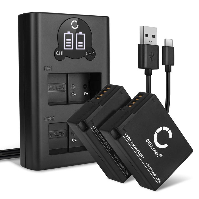 2x CELLONIC Camera Battery for Panasonic G7 DMC-G7 G5 G6 G80 G81 G90 GX8 GH2 Lumix FZ1000 II DMC-FZ200 FZ2000 FZ300 Replacement DMW-BLC12 DMW-BLC12E -BLC12PP Battery 1000mAh Backup + Dual Charger DE-A80A DE-A80