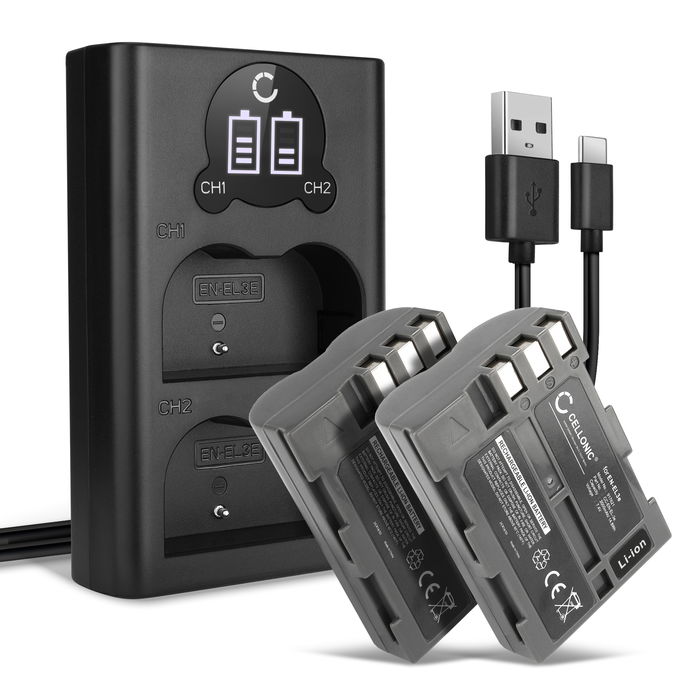 2x Nikon EN-EL3e Batería 2000mAh 7.4V + Cargador Doble de CELLONIC