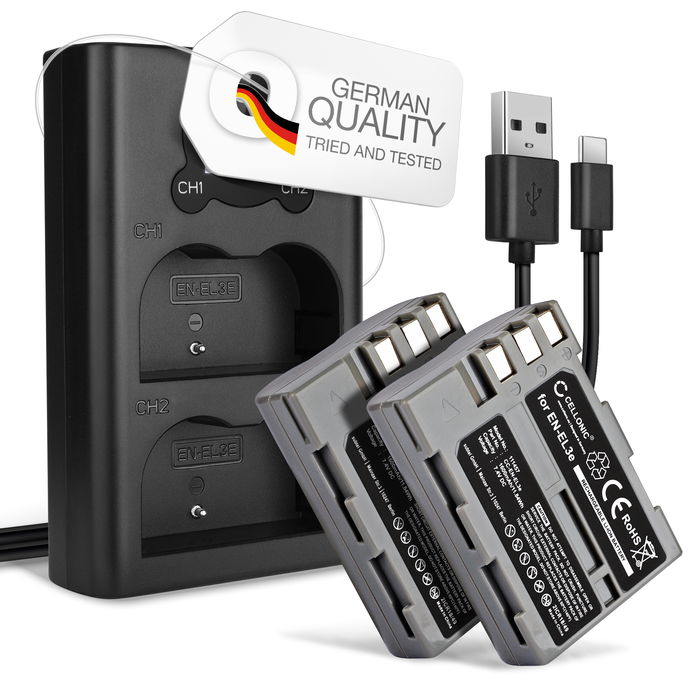 2x CELLONIC Camera Battery for Nikon D700 D70s D80 D90 D900 D100 D200 D300 D300S D50 D70 Replacement EN-EL3e EN-EL3a EN-EL3 Battery 1600mAh Backup + Dual Charger MH-18a