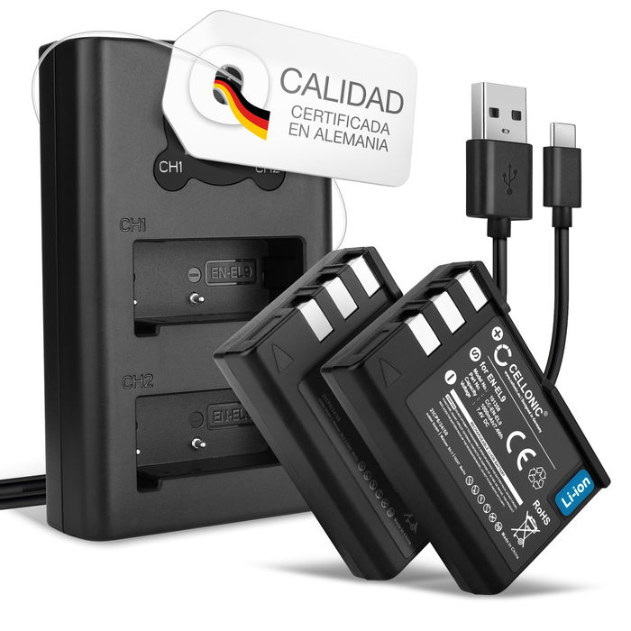 2x Nikon EN-EL9A Batería 1000mAh 7.2V - 7.4V + Cargador Doble de CELLONIC