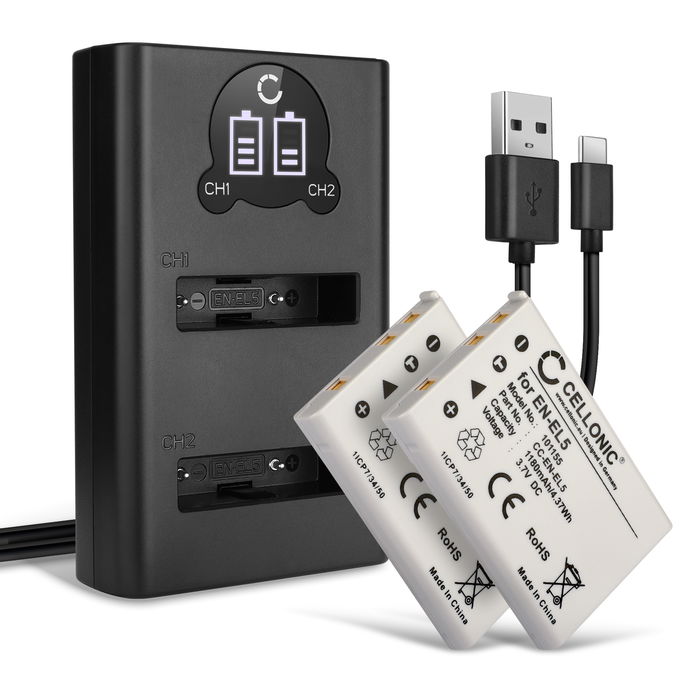 2x Nikon Coolpix 4200 Battery + Dual Charger 1180mAh from CELLONIC