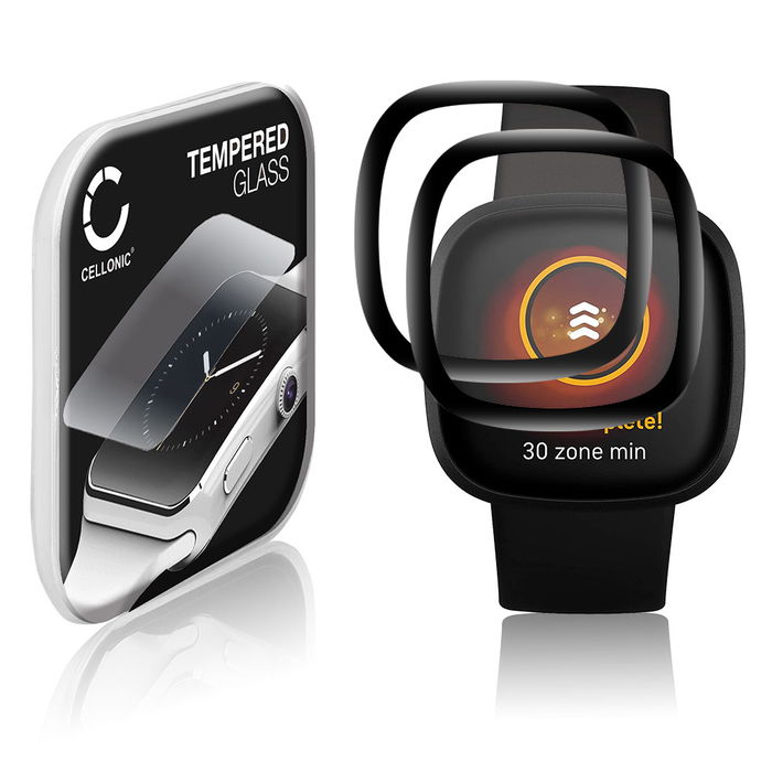 2x Protector de pantalla para smartwatch FitBit Versa 3 / Sense de CELLONIC - Tempered Glass (Calidad HD / 3D Full Cover / 0,30mm / 9H), Screen protector, Cristal templado