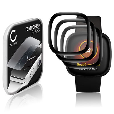 3x Protector de pantalla para smartwatch FitBit Versa 3 / Sense de CELLONIC - Tempered Glass (Calidad HD / 3D Full Cover / 0,30mm / 9H), Screen protector, Cristal templado