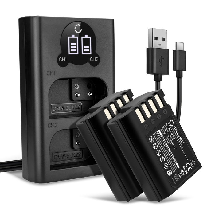 2x CELLONIC® Camera Battery for Panasonic Lumix G9, GH5S, DC-S5, DC-S5K, DC-GH5 II, DMW-BLK22, DMW-BTC15 Replacement DMW-BLK22 Battery 2250mAh Backup + Dual Charger DMW-BTC15