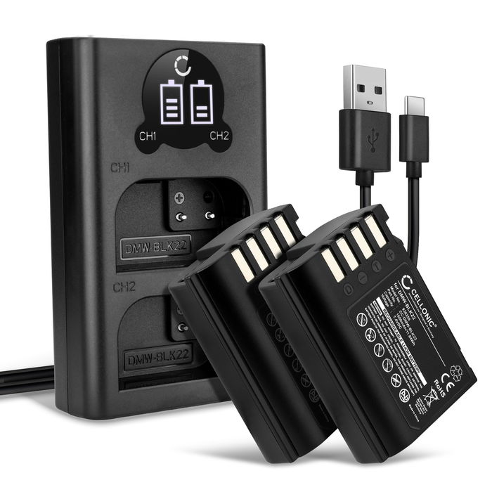 2x Panasonic Lumix DC-G9 II Batería 1600mAh 7.4V + Cargador Doble de Cellonic