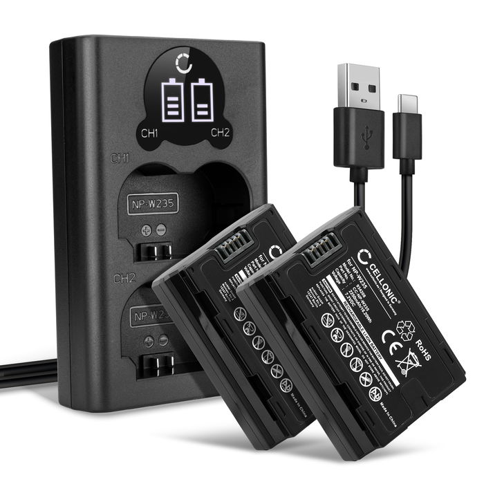 2x Batería para cámaras - NP W235 2250mAh + Cargador Doble NP W235 Batería de repuesto