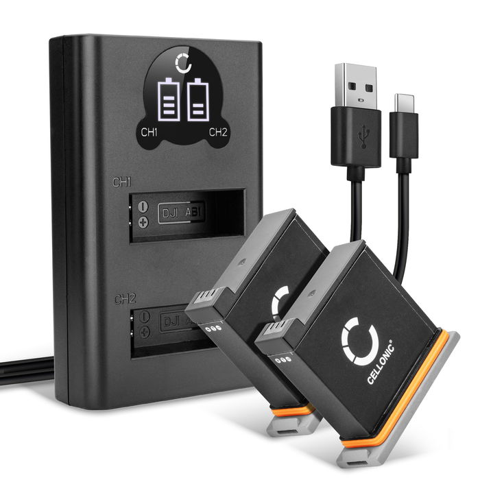 2x Batería + Cargador Doble para DJI Osmo Action Cam (CP.OS.00000020.01) DJI AB1, DJI P01, DJI PT1 1220mAh de CELLONIC