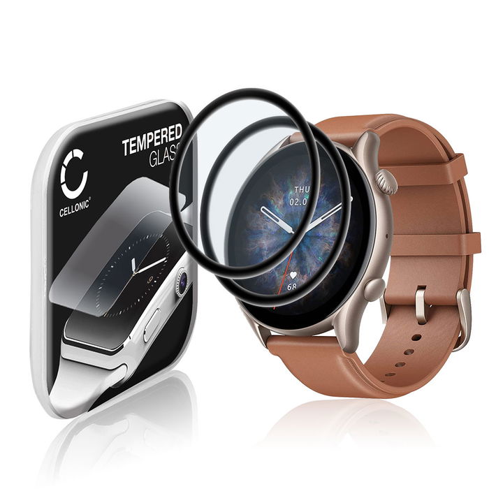 2x Protector de pantalla para smartwatch Amazfit GTR 3 Pro de CELLONIC - Tempered Glass (Calidad HD / 3D Full Cover / 0,33mm / 9H), Screen protector, Cristal templado