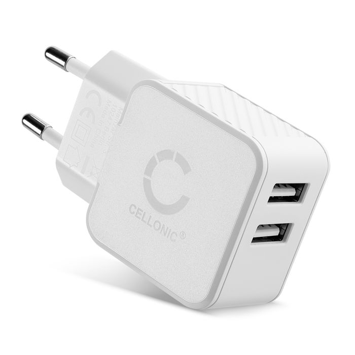Cargador rápido USB blanco para móvil, tablet, altavoces o power bank 17W - 3.4A, Adaptador de corriente USB