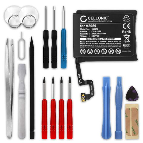 1x Batería para Apple A1976; Watch 4 - 44mm A2059 (290mAh, 3.82V) + Juego de herramientas 17pzas de CELLONIC