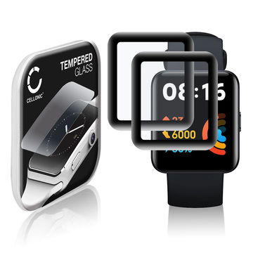 2x CELLONIC Screen Protector for Xiaomi Redmi Watch 2 Lite Fitness Tracker Smart Watch Face Protector - 3D Full Cover 0,33mm Full Glue 9H Tempered Glass Display Cover Black