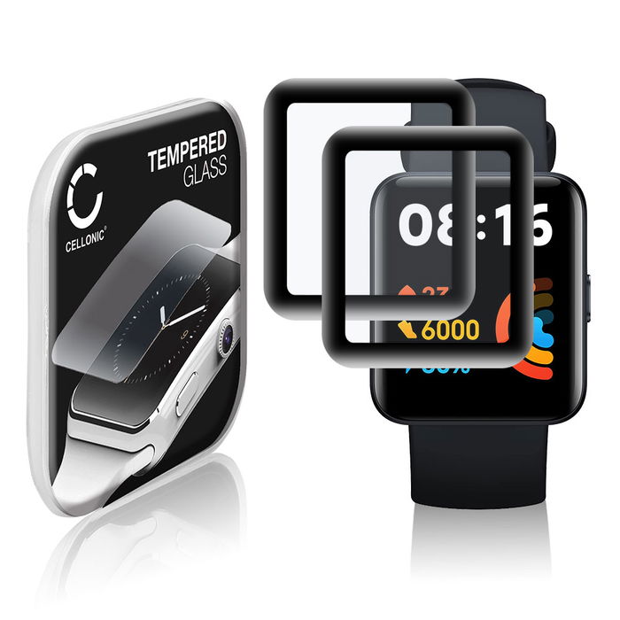 2x Protector de pantalla para smartwatch Xiaomi Redmi Watch 2 Lite de CELLONIC - Tempered Glass (Calidad HD / 3D Full Cover / 0,33mm / 9H), Screen protector, Cristal templado