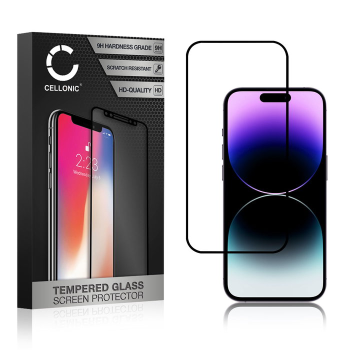 Protector pantalla móvil Apple iPhone 14 Pro autoadhesivo de CELLONIC - Screen protector, (Calidad HD / 3D Case-friendly / 0,33mm / 9H)