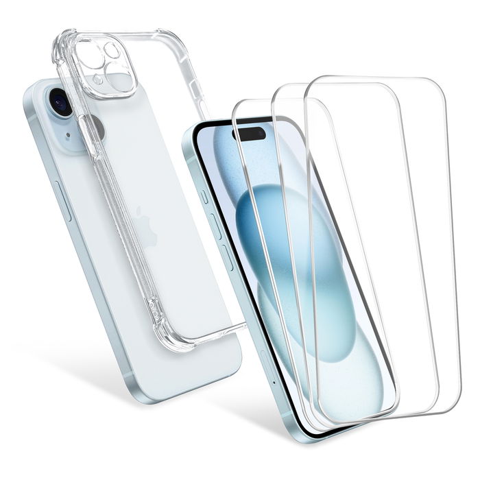 Funda iPhone 15 Plus transparente + 3x Protector pantalla móvil autoadhesivo (Calidad HD / 2.5D / 0,33mm / 9H) de CELLONIC