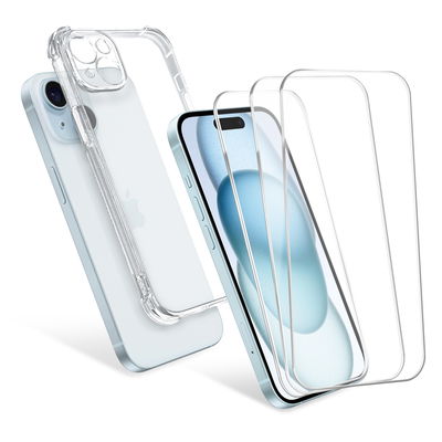 Funda iPhone 15 Plus transparente + 3x Protector pantalla móvil autoadhesivo (Calidad HD / 2.5D / 0,33mm / 9H) de CELLONIC