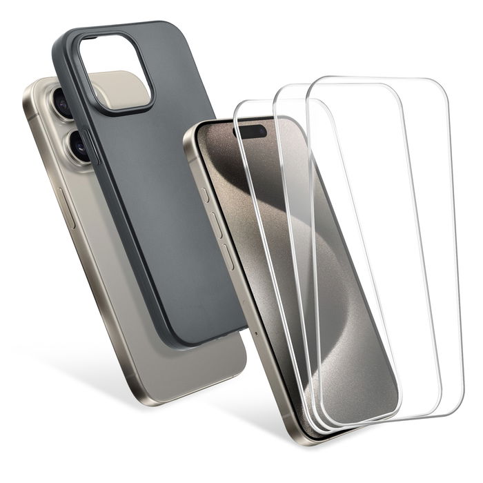 Apple iPhone 15 Pro, 1 x Funda Protectora TPU Negro y 3 x Protector de Pantalla Cristal 6.1 2.5D Case-friendly 9H 0.33mm Full Glue, Protector de Pantalla Cristal Templado