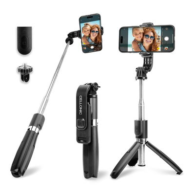Palo selfie, trípode y monopie 2 en 1 - Trípode plegable de 1 m con disparador Bluetooth para teléfonos móviles, cámara digital y compacta, Smartphone, iPhone, GoPro - Negro