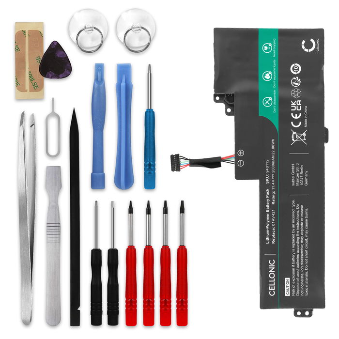 Batería Lenovo para ordenador portátil Lenovo ThinkPad T480, T470, T470s, T470p, A485, A258, 25, A475, 01AV421 2000mAh 11.4V + Juego de herramientas de CELLONIC