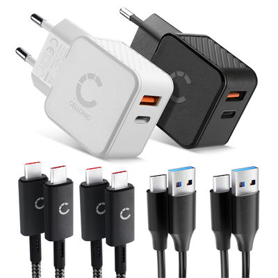 CELLONIC Set de Viaje &ndash; 2x Cargador Dual USB-C y USB + 4x Cable de Carga para Smartphone, Port&aacute;til, GPS, Tableta, Altavoces, Smartwatch y muchos m&aacute;s &ndash; 2x Cargador R&aacute;pido USB PD de 20W en Negro y Blanco