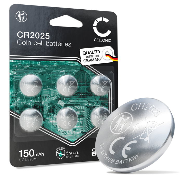 CELLONIC CR2025 Coin Cell Batteries (Lithium, 150 mAh, 3V) for Car Key Fobs, Garage Remotes, Medical Devices - x6-Pack  