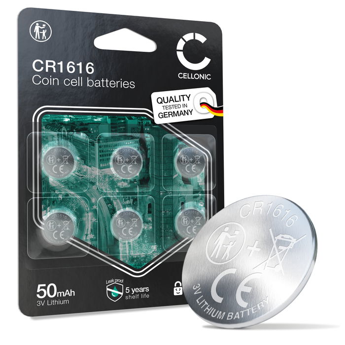 CELLONIC CR1616 Coin Cell Batteries (Lithium, 50mAh, 3V) for Car Key Fobs, Watches, Sensors - x6-Pack