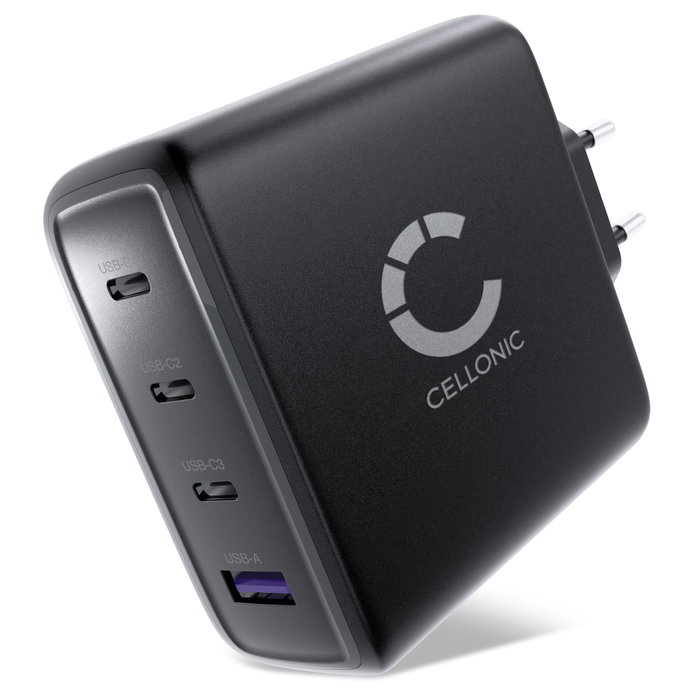CELLONIC Cargador USB C 140W GaN – 4 Puertos (3x USB-C hasta 140W/100W/20W + 1x USB-A 18-22.5W) con Power Delivery, compatible con MacBook, iPhone, iPad, Samsung Galaxy – compacto y para viajar