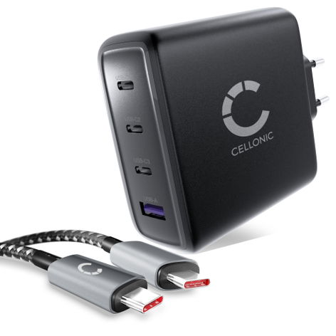 CELLONIC 140W GaN USB C Charger – 4-Port Multiport Adapter (3x USB-C, 1x USB-A) with Fast Charging PD, compatible with MacBook, iPhone, iPad, Samsung Galaxy, Laptop – compact & travel-friendly
