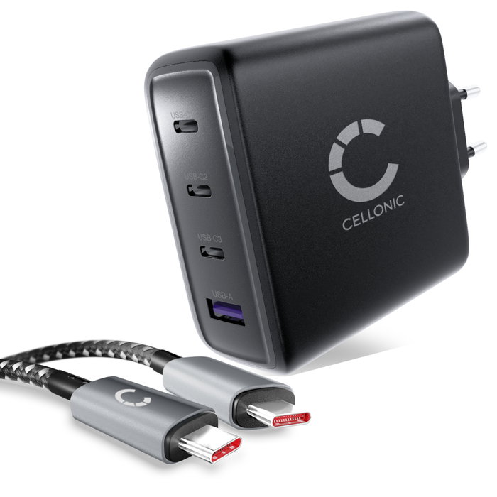 CELLONIC Cargador USB C 140W GaN – 4 Puertos (3x USB-C hasta 140W/100W/20W + 1x USB-A 18-22.5W) con Power Delivery, compatible con MacBook, iPhone, iPad, Samsung Galaxy – compacto y para viajar